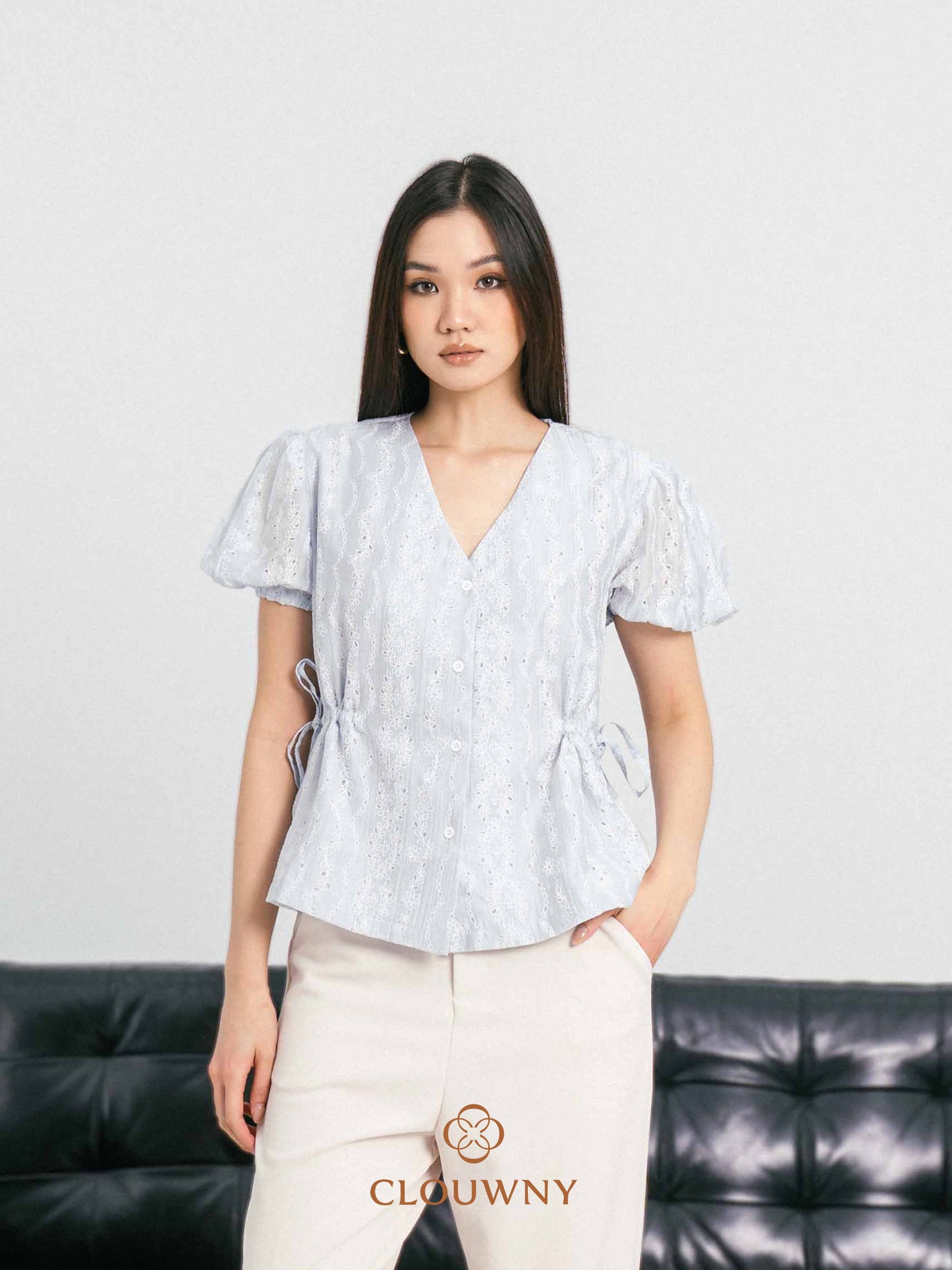 Angela Embroidery Drawstring Blouse - Blue