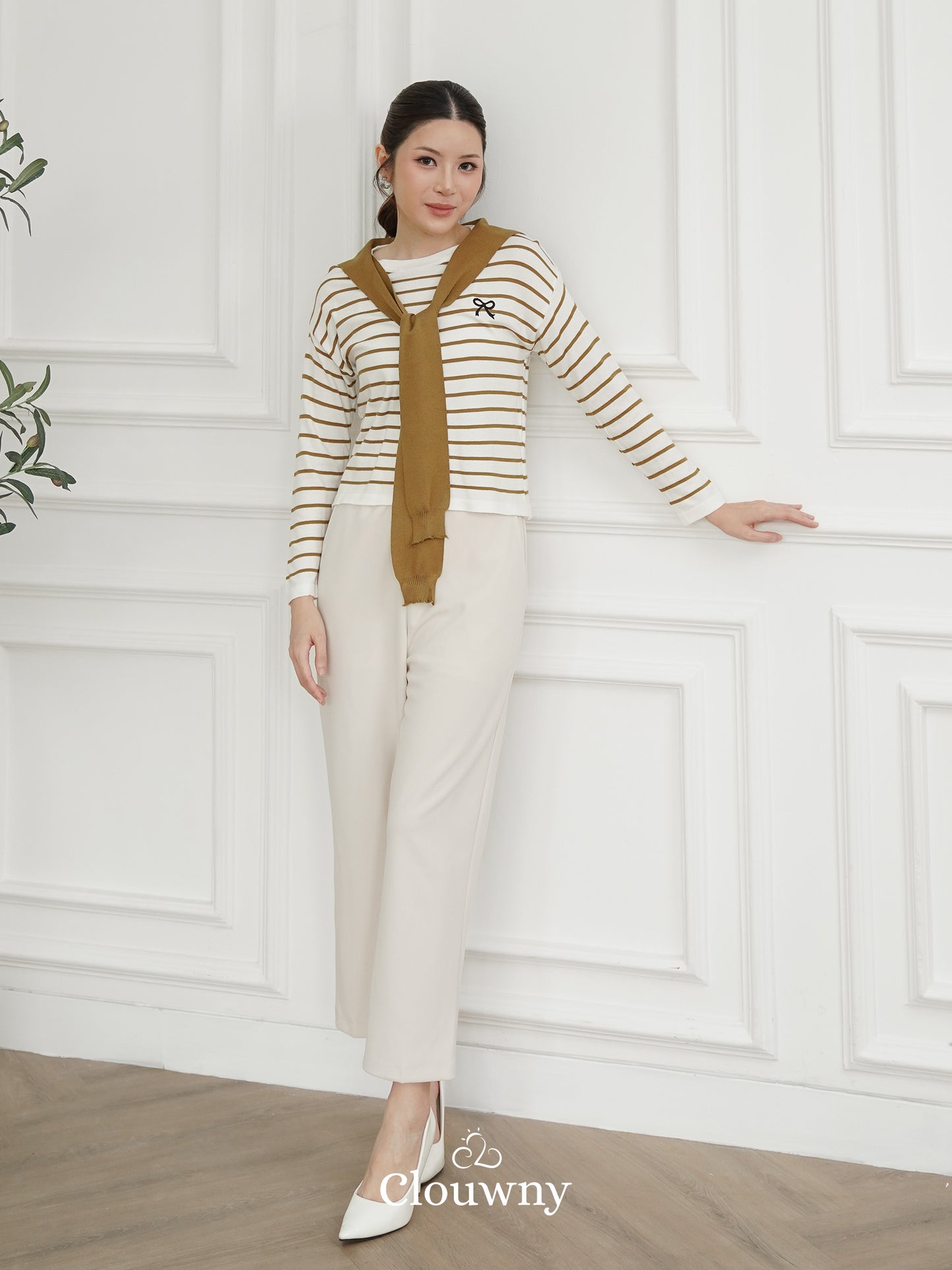 Genevi Scarf Stripes Top - Olive