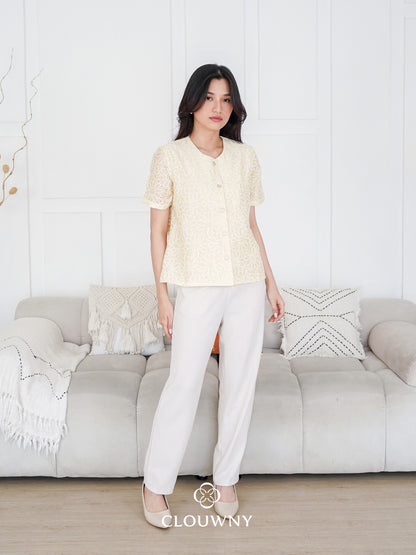 Forest Button Embroidery Blouse - Yellow