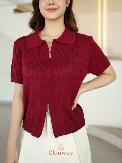 Selma Zipper Knit Top - Maroon