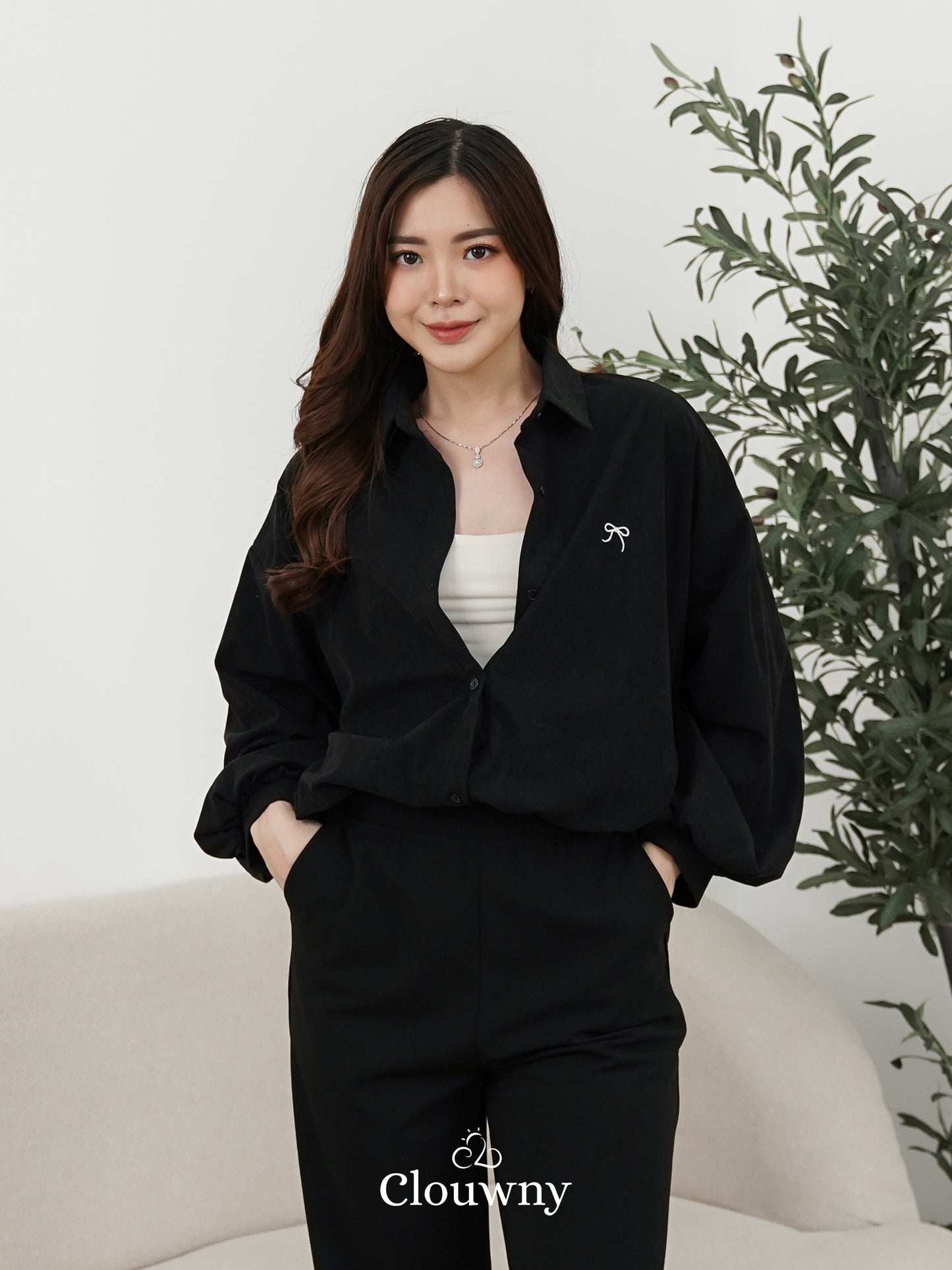 Marcia Corduroy Bow Shirt - Black