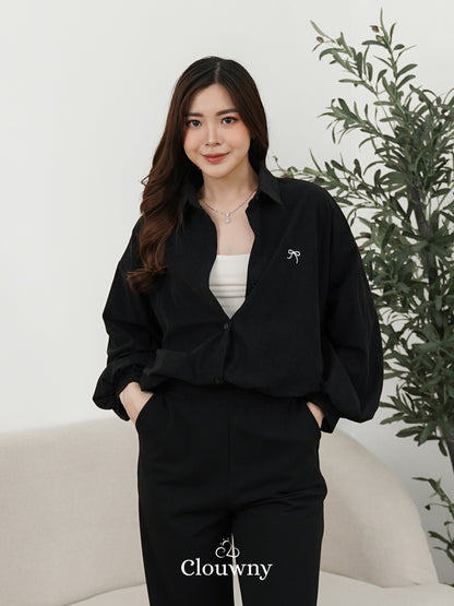 Marcia Corduroy Bow Shirt - Black