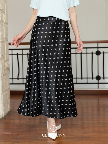 Polka Silk Flare Skirt - Black