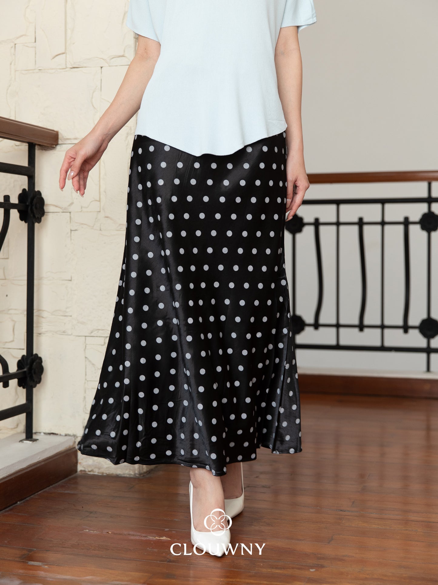 Polka Silk Flare Skirt - Black