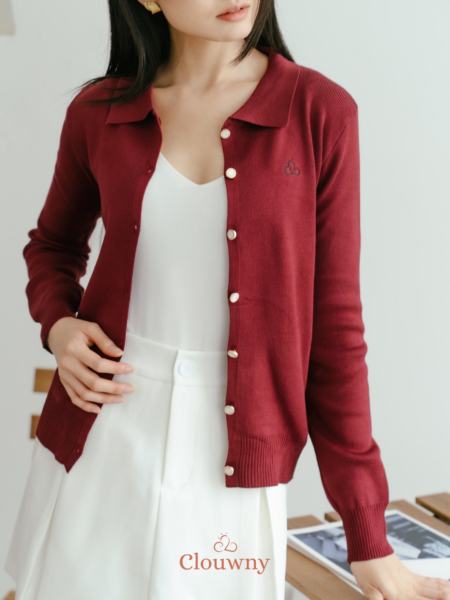 Nava Collar Knit Cardigan - Maroon