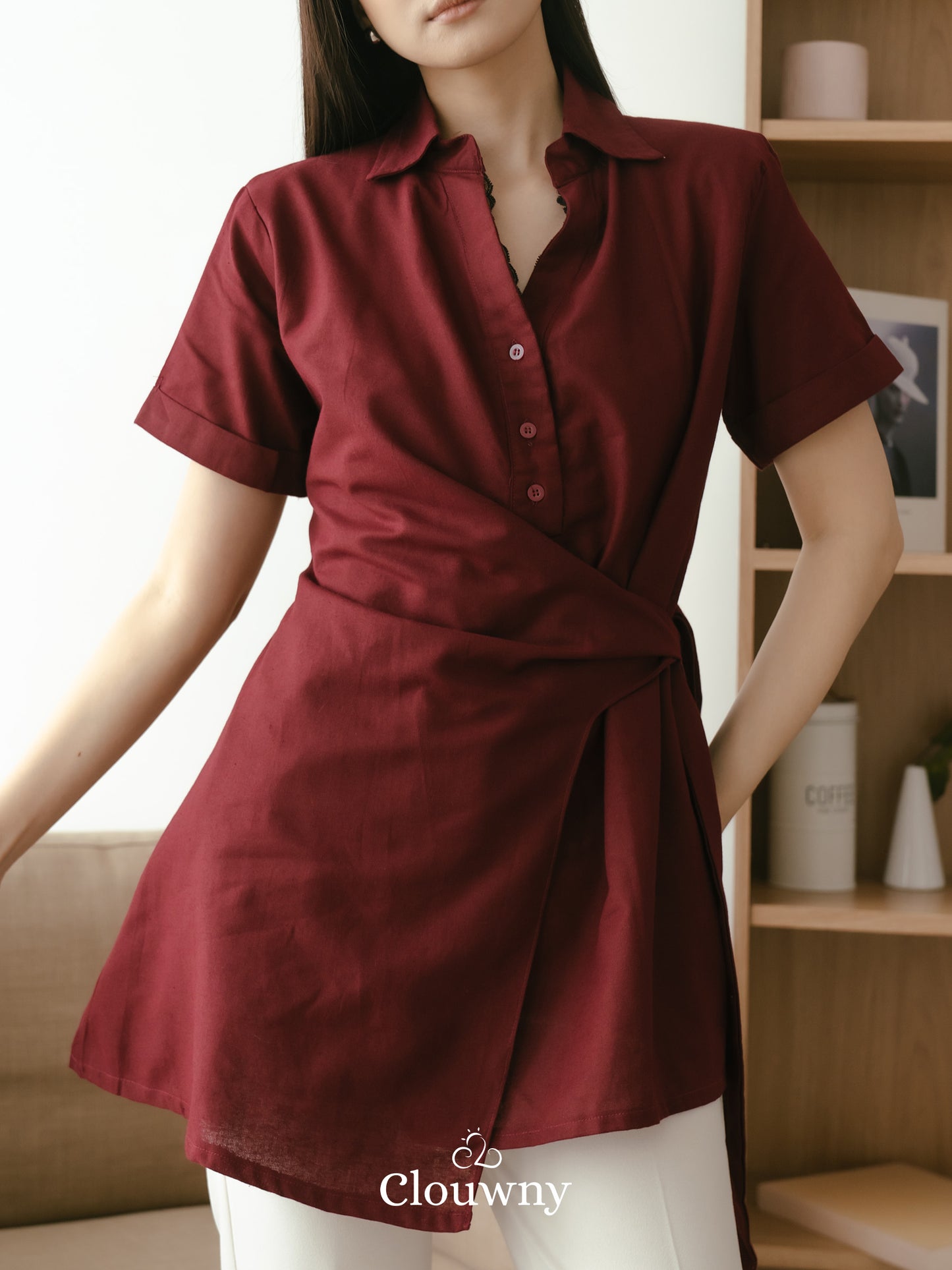 Janela Lace Button Top - Maroon