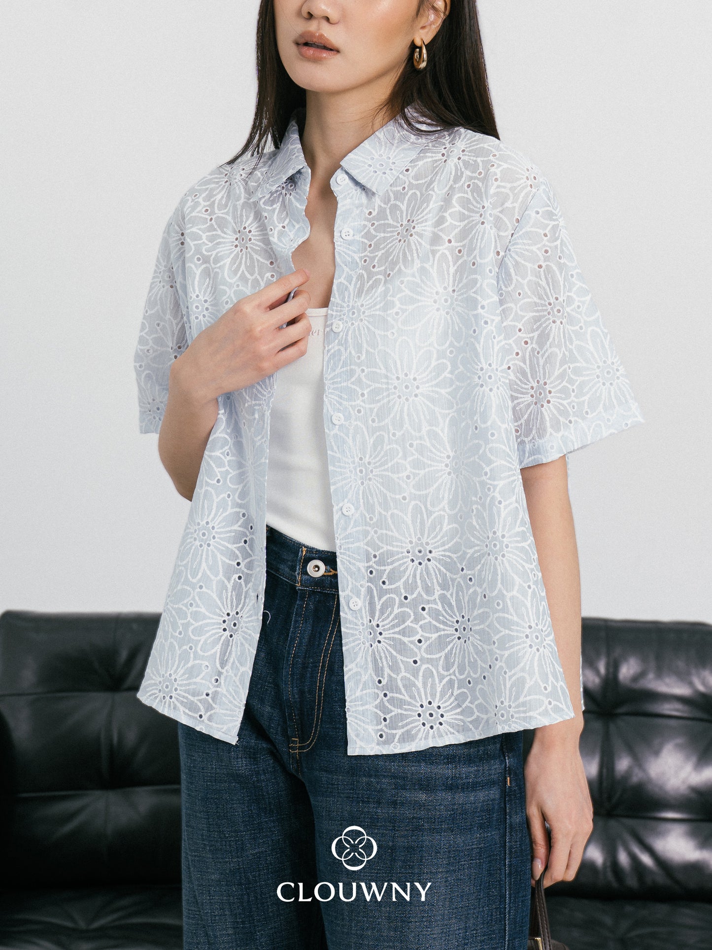 Kornelia Flower Embroidery Shirt - Blue