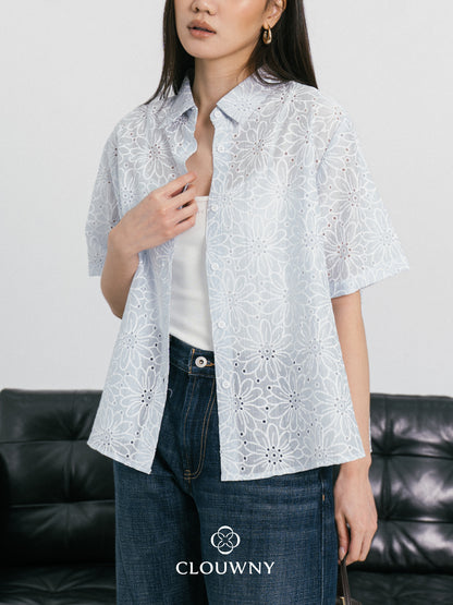 Kornelia Flower Embroidery Shirt - Blue