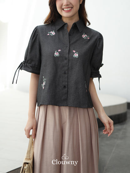 Vilna Embroidery Flower Shirt - Black