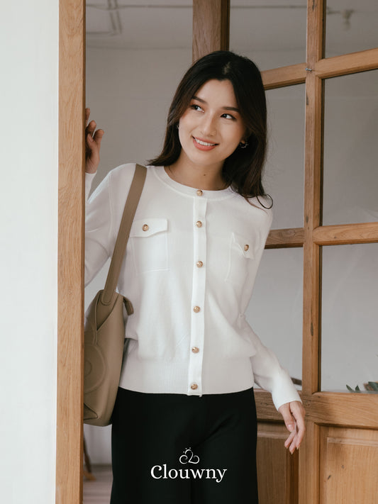 Pomp Button Top - White