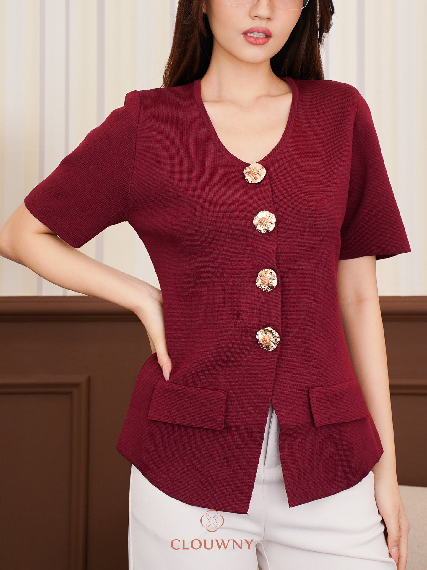 Valencia Peplum Button Top - Maroon