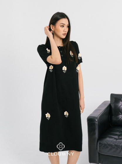 Anetha Flower Knit Dress - Black