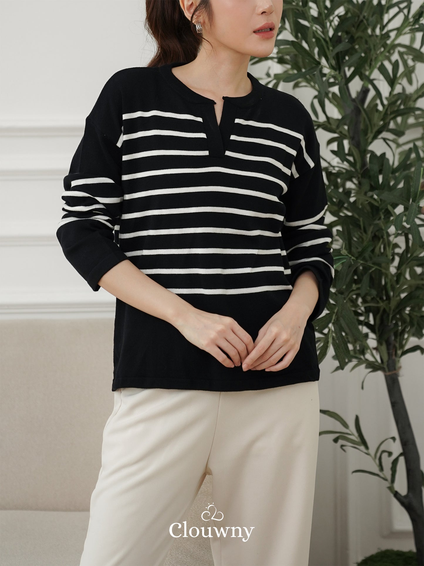 Amila Stripes Knit Top - Black