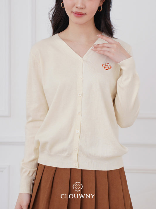 Mela Vneck Button Knit Cardigan - Cream