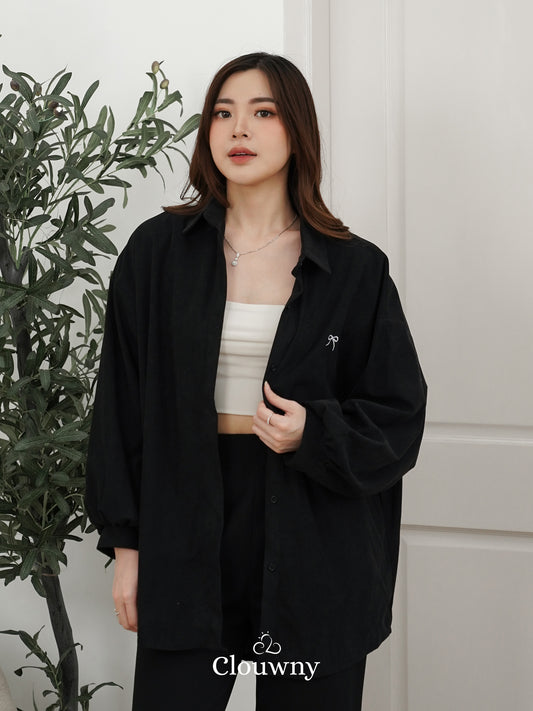 Marcia Corduroy Bow Shirt - Black