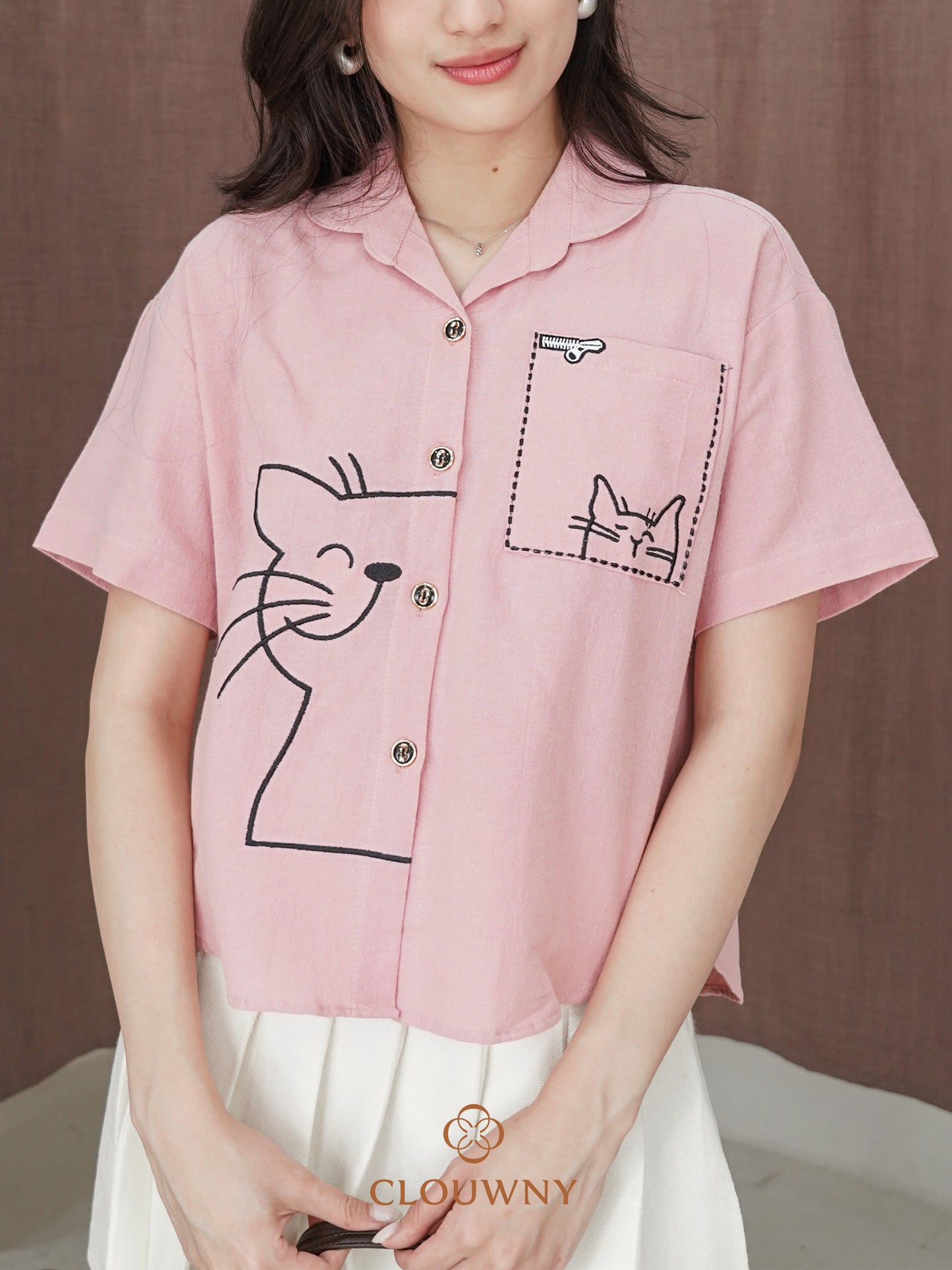 Catty Button Cotton Shirt - Pink