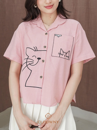 Catty Button Cotton Shirt - Pink