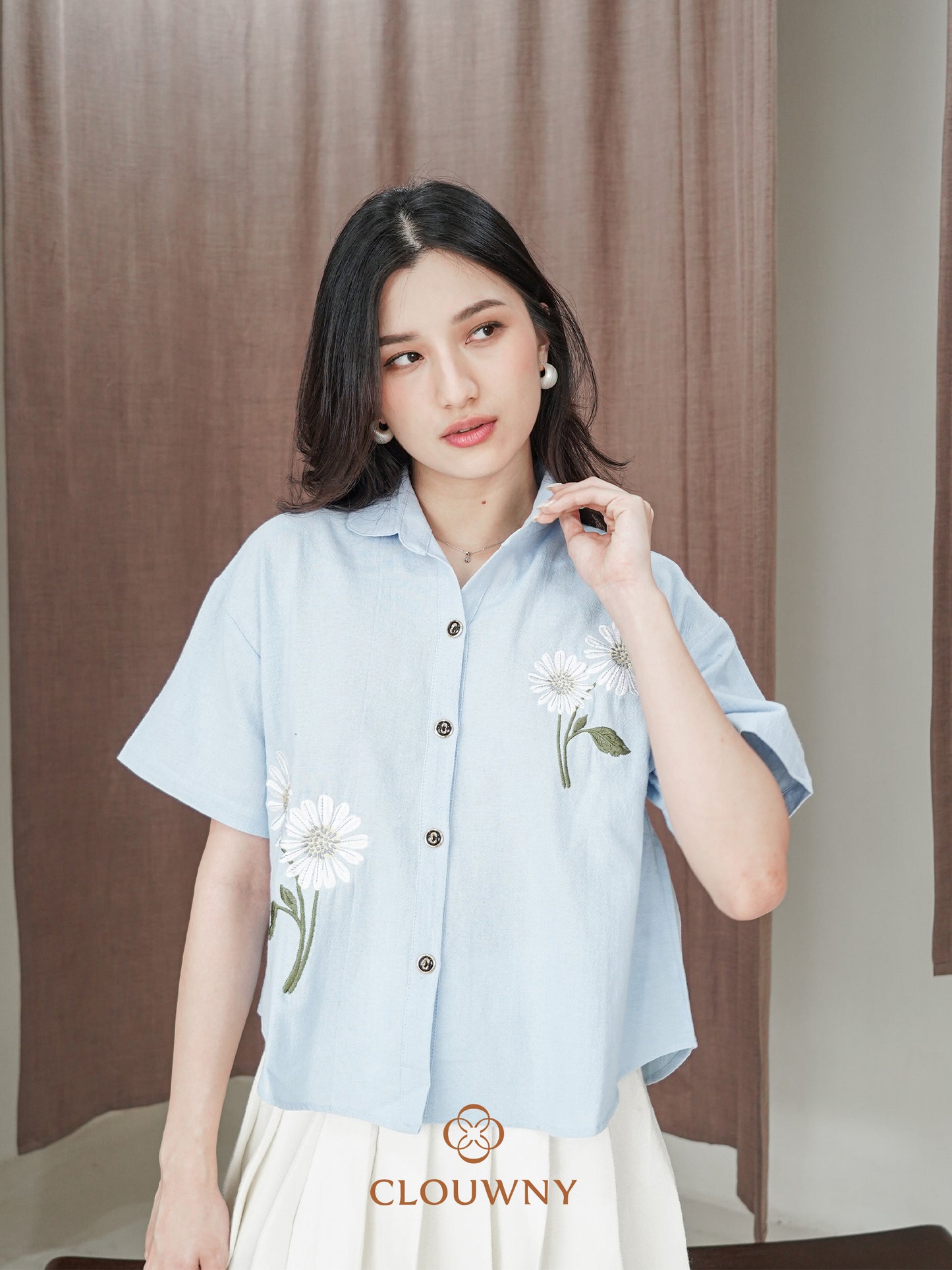 Sheryl Flower Cotton Shirt - Blue