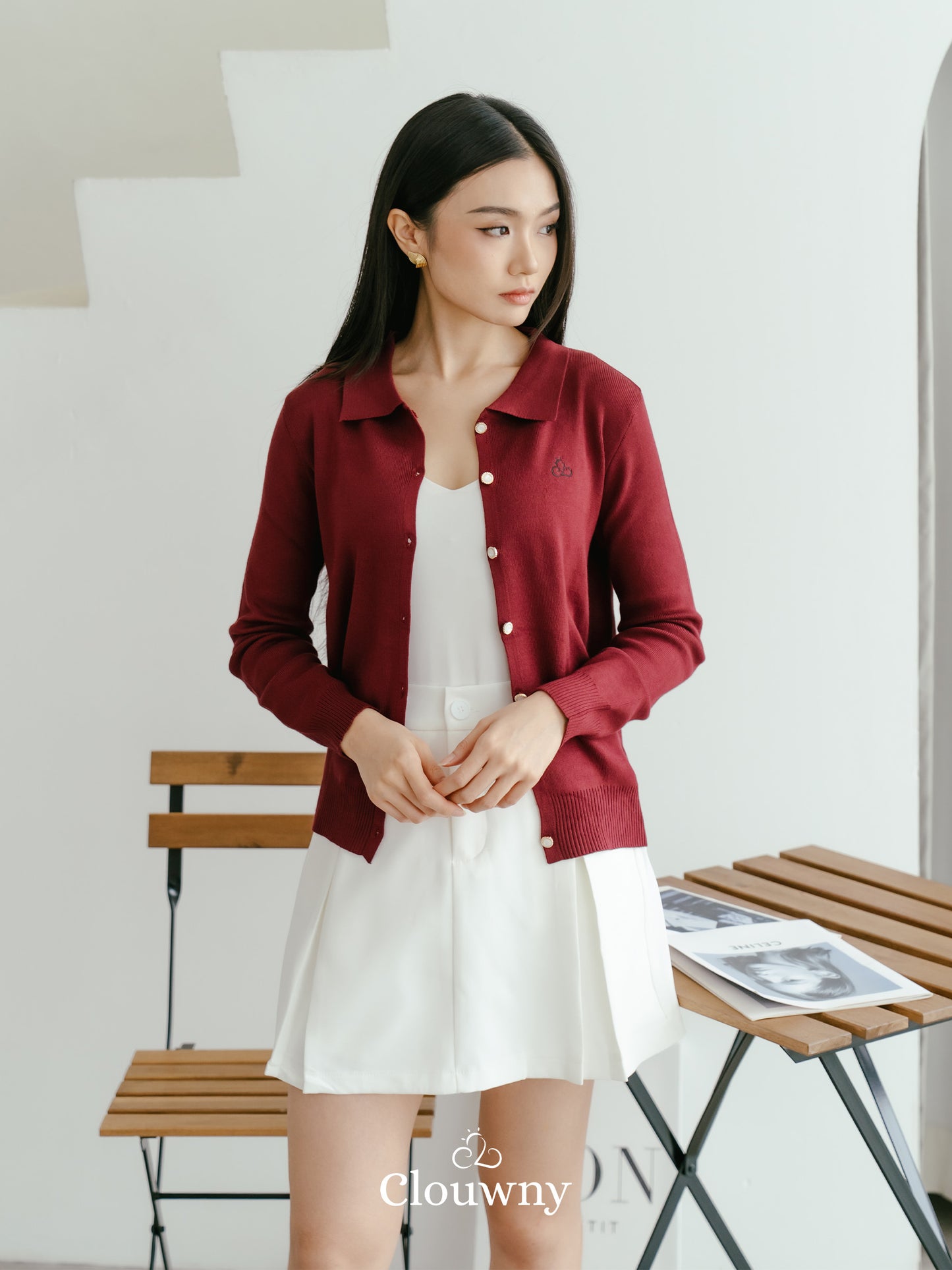 Nava Collar Knit Cardigan - Maroon