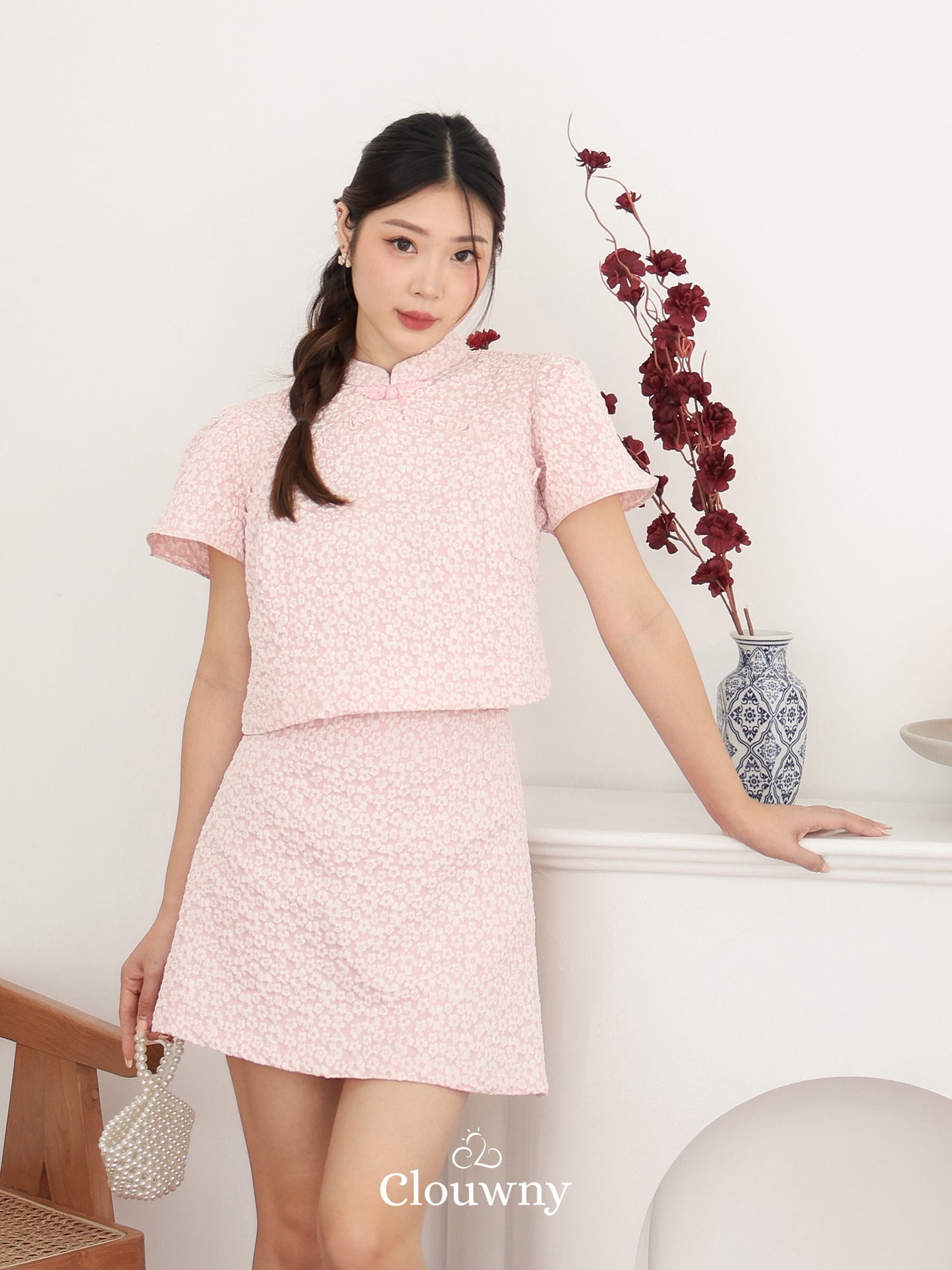 Keyta Ruffle Qipao Set - Pink