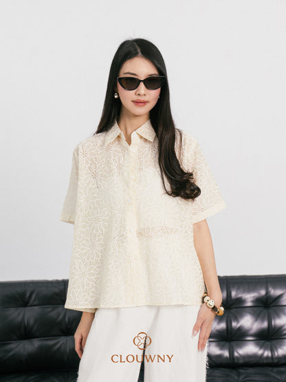 Kornelia Flower Embroidery Shirt - Yellow
