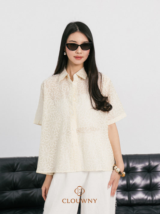 Kornelia Flower Embroidery Shirt - Yellow