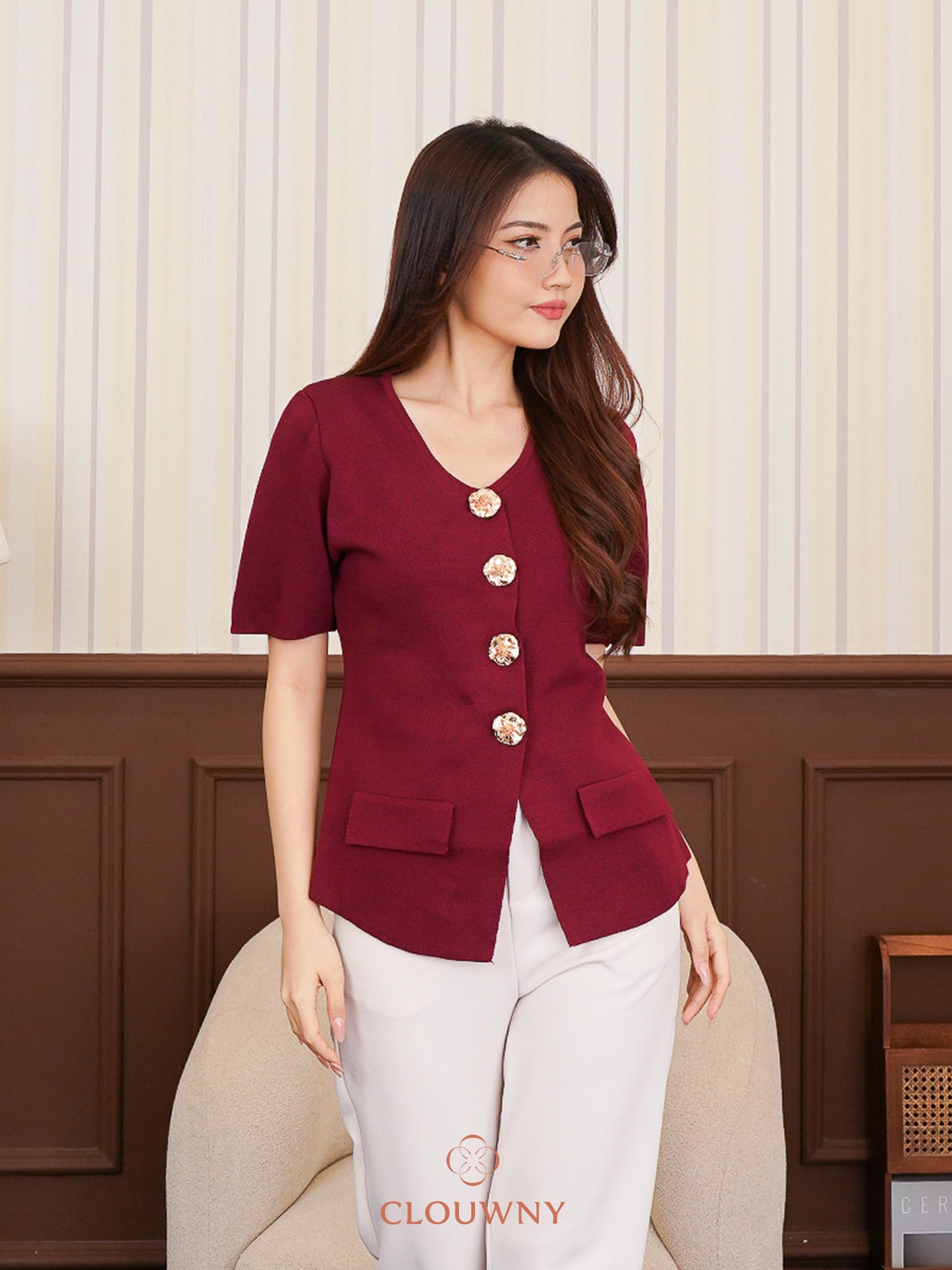Valencia Peplum Button Top - Maroon