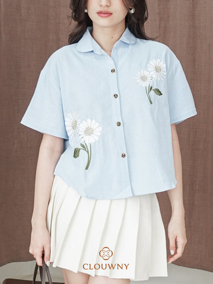 Sheryl Flower Cotton Shirt - Blue