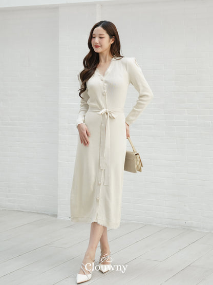 Melita Button Belt Dress - Broken White