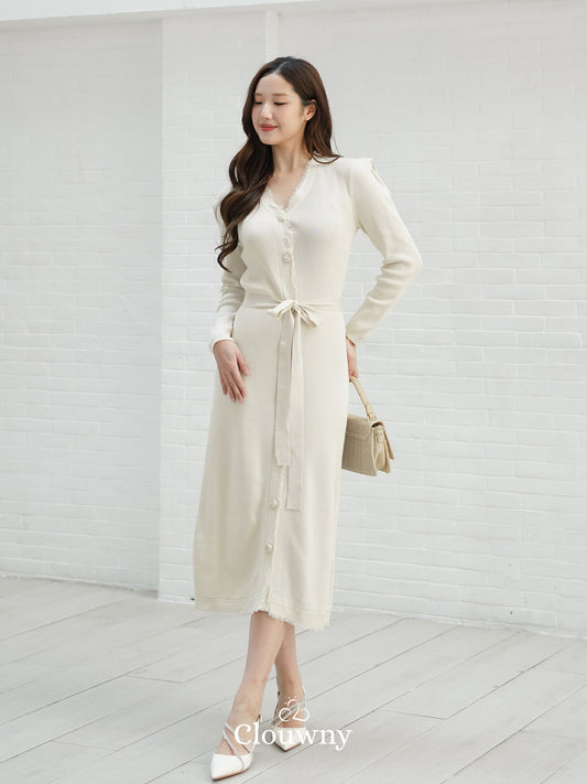 Melita Button Belt Dress - Broken White