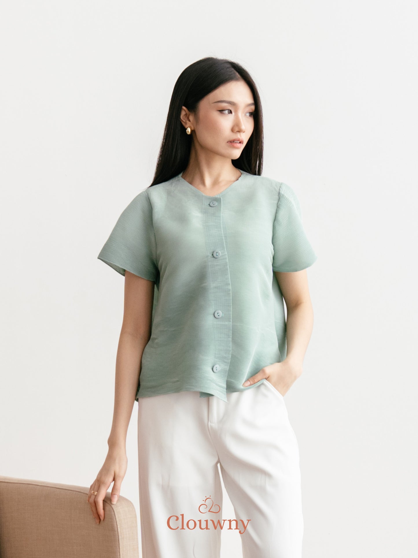 Arya Basic Pleats Top - Sage Green