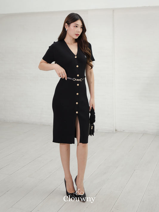 Jemina Button Knit Dress - Black