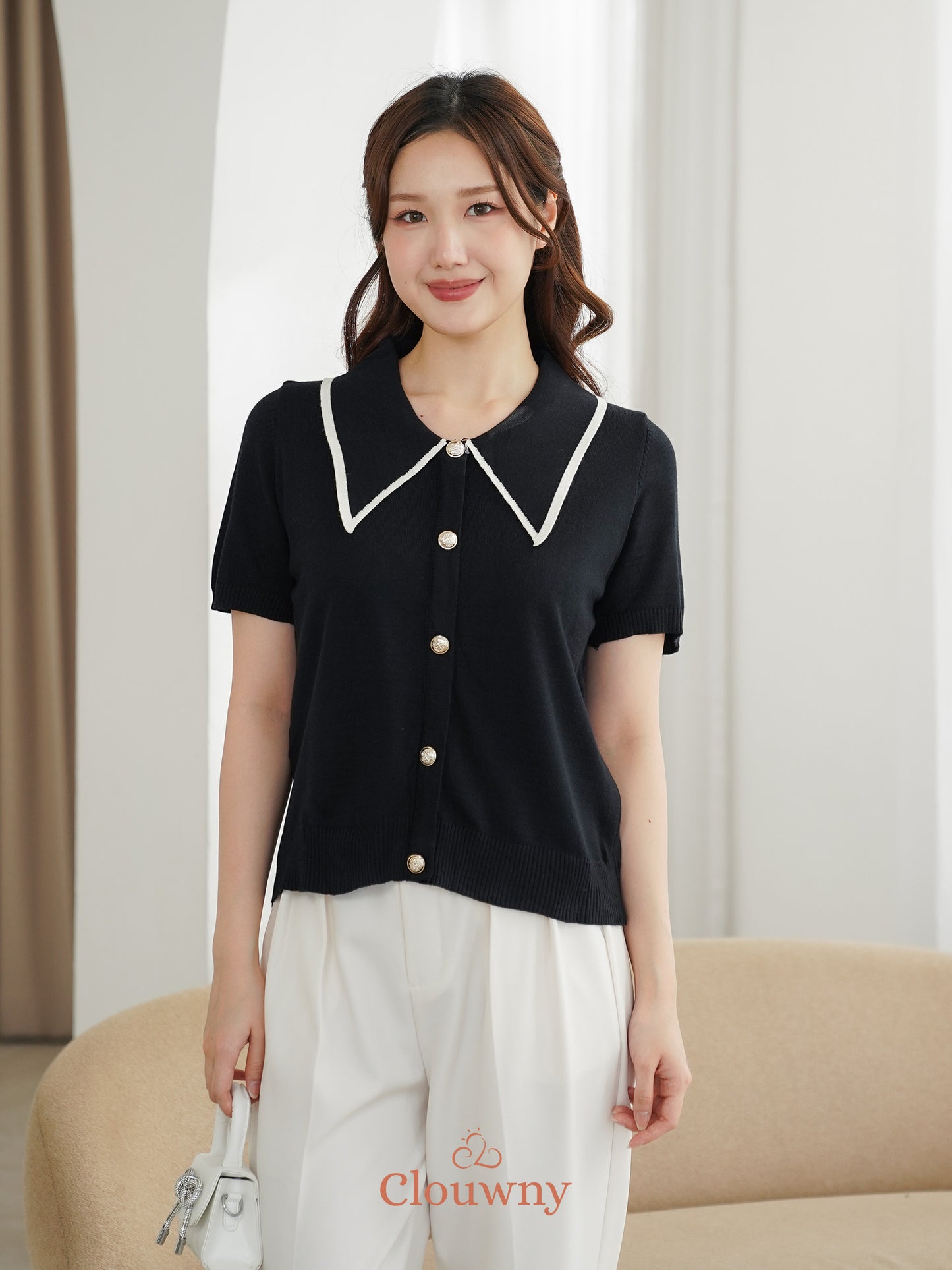 Prisca Collar Knit Top - Black
