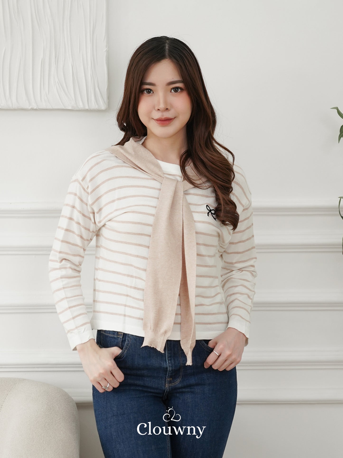 Genevi Scarf Stripes Top - Khaki