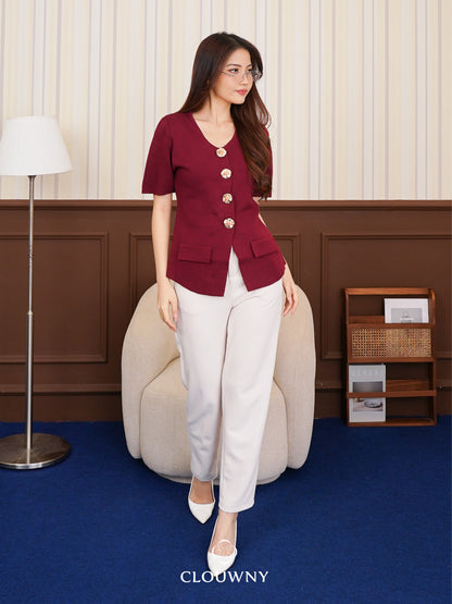 Valencia Peplum Button Top - Maroon