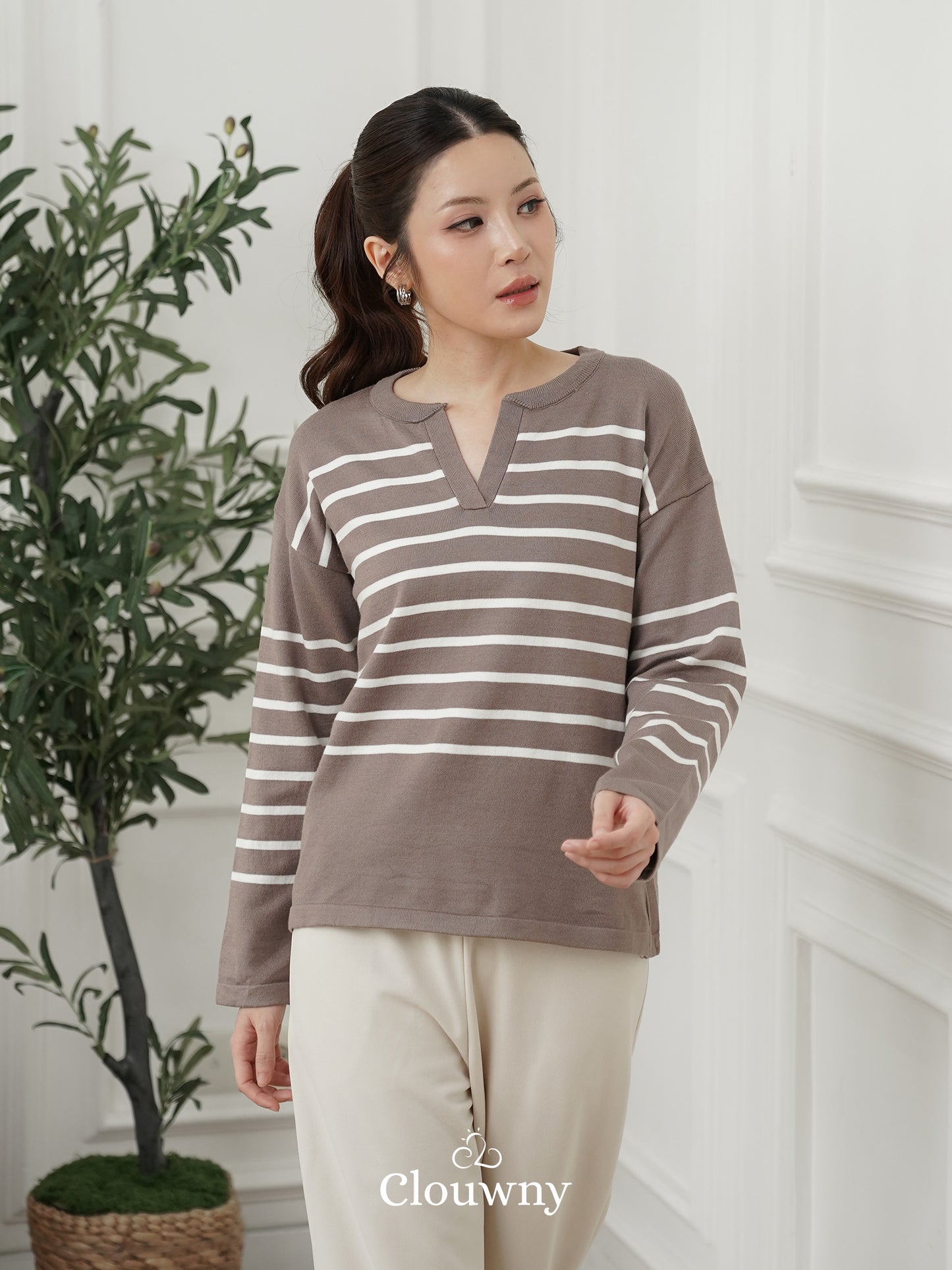 Amila Stripes Knit Top - Beige