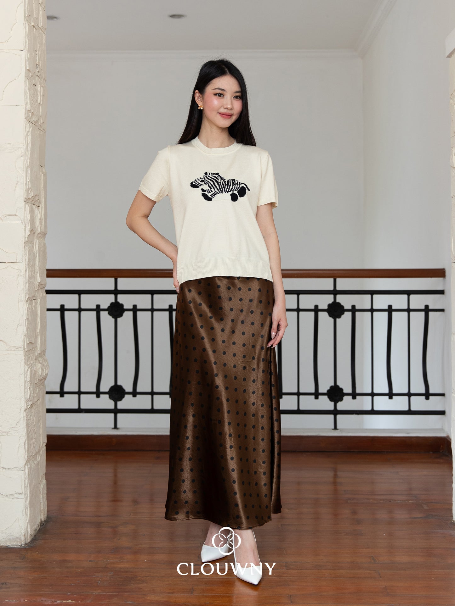 Polka Silk Flare Skirt - Coffee