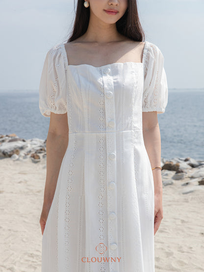 Alexia Square Button Dress - Broken White