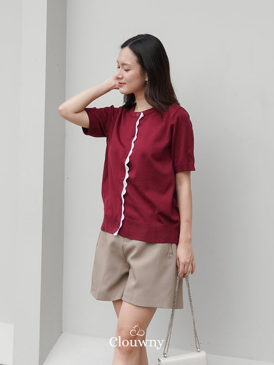 Izzy Button Lace Knit Top - Maroon