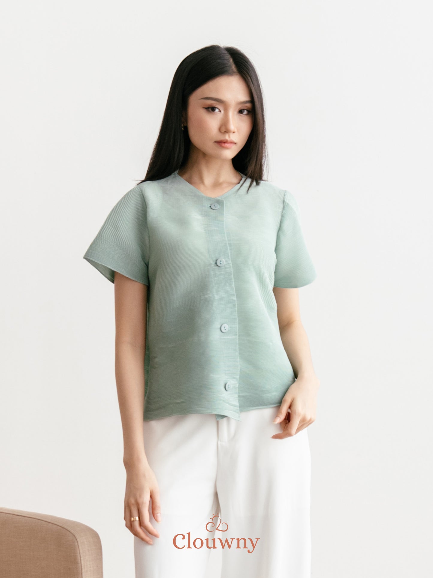 Arya Basic Pleats Top - Sage Green