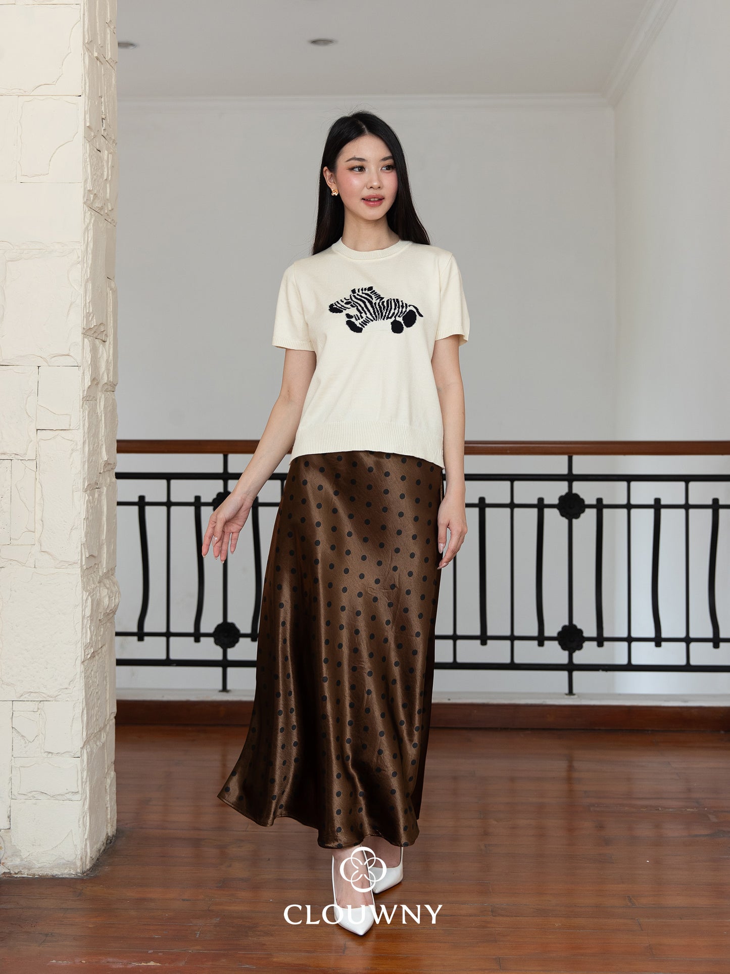 Polka Silk Flare Skirt - Coffee
