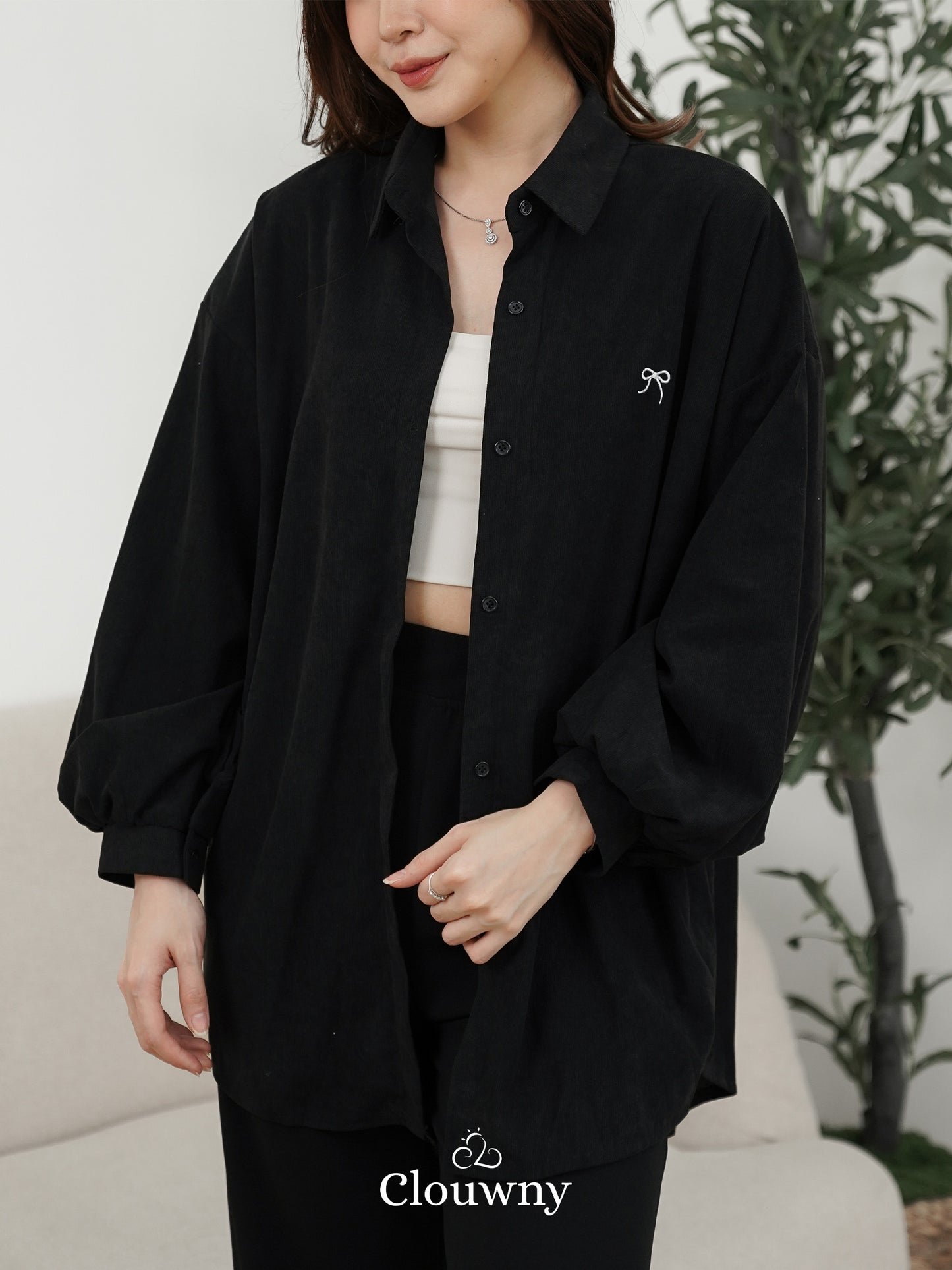 Marcia Corduroy Bow Shirt - Black