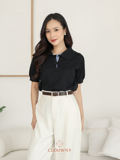 Hervia Double Button Knit Top - Black