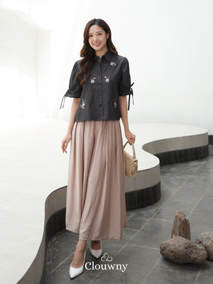 Vilna Embroidery Flower Shirt - Black