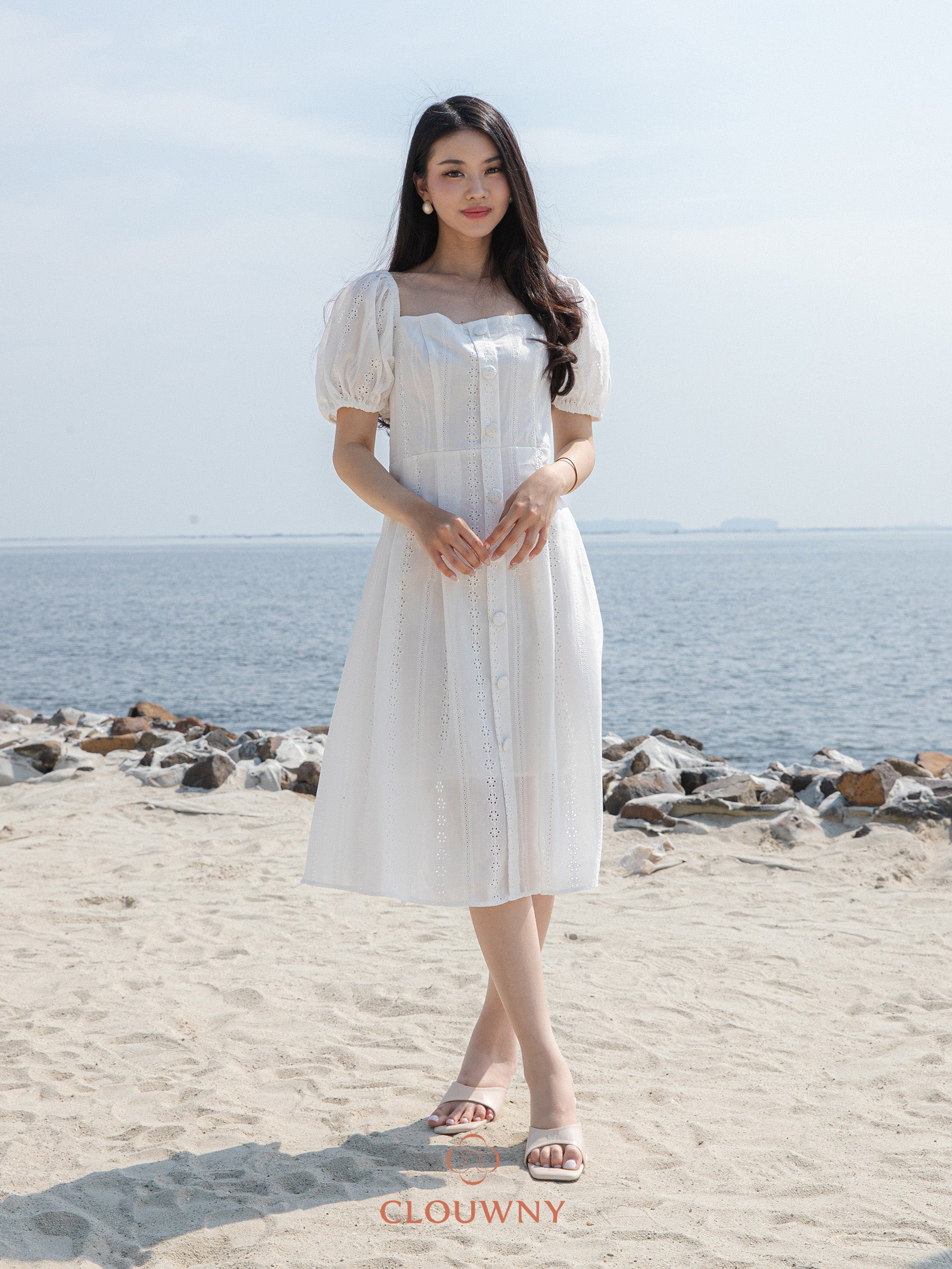 Alexia Square Button Dress - Broken White – Clouwny Official