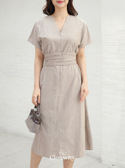 Cava Obi Kimono V-Dress - Khaki