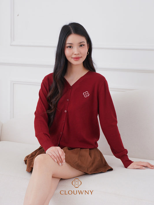 Mela Vneck Button Knit Cardigan - Maroon