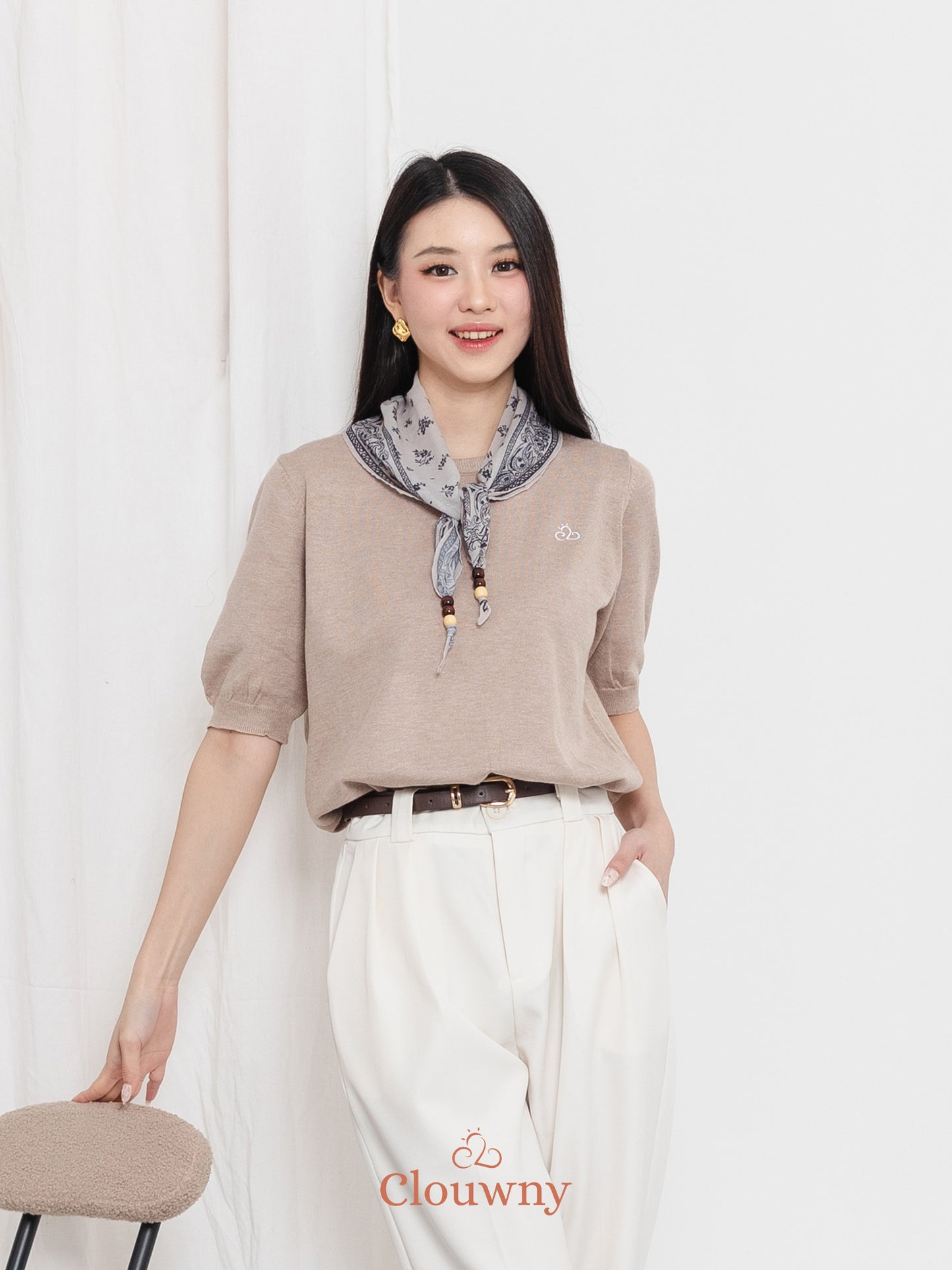 Libra Scarf Knit Top - Khaki