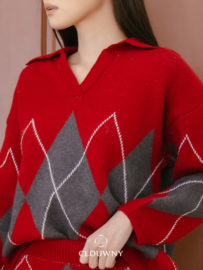 Bellis Vneck Knit Set - Red