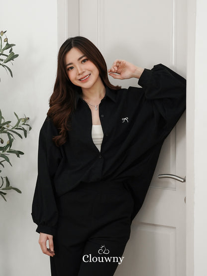 Marcia Corduroy Bow Shirt - Black